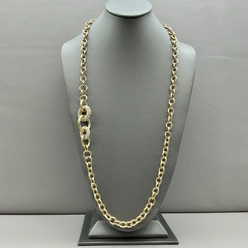 Ann Taylor Necklace Women Gold Tone Rhinestone Pave Link Chain Long Toggle 26
